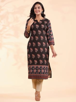 Vbuyz Cotton Printed Straight Womens Kurti - Black ( Pack of 1 ) - None
