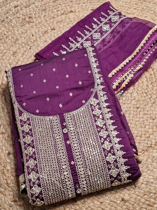 Purple Colour Unstitched Suit Silk Fabric with Zari & Sequence Work with Dupatta-Free Size / Dark Purple