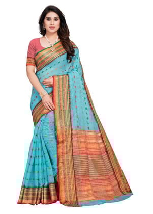 Generic Women's Kota Doria Cotton Woven Butta Saree With Blouse (Sky Blue, 5-6  Mtr)