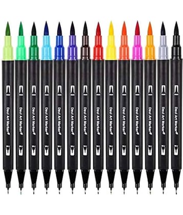 THR3E STROKES Art Markers Dual Tips Coloring Fineliner Color Water Based Marker Pens Set for Calligraphy Drawing Sketching Journal (BLACK, 12)