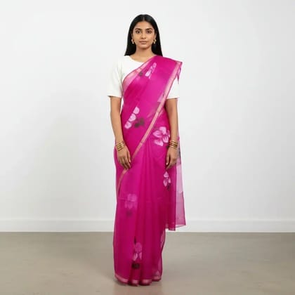 Hot Pink Kota Doria Cotton-Silk Saree with Floral Motif