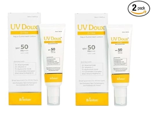 Brinton UV Doux DTan Aqua Sunscreen Lotion  SPF 50 PA++++  8Hour Hydration DTan Formula with Niacinamide  Vitamin C 50 ml (Pack of 2)