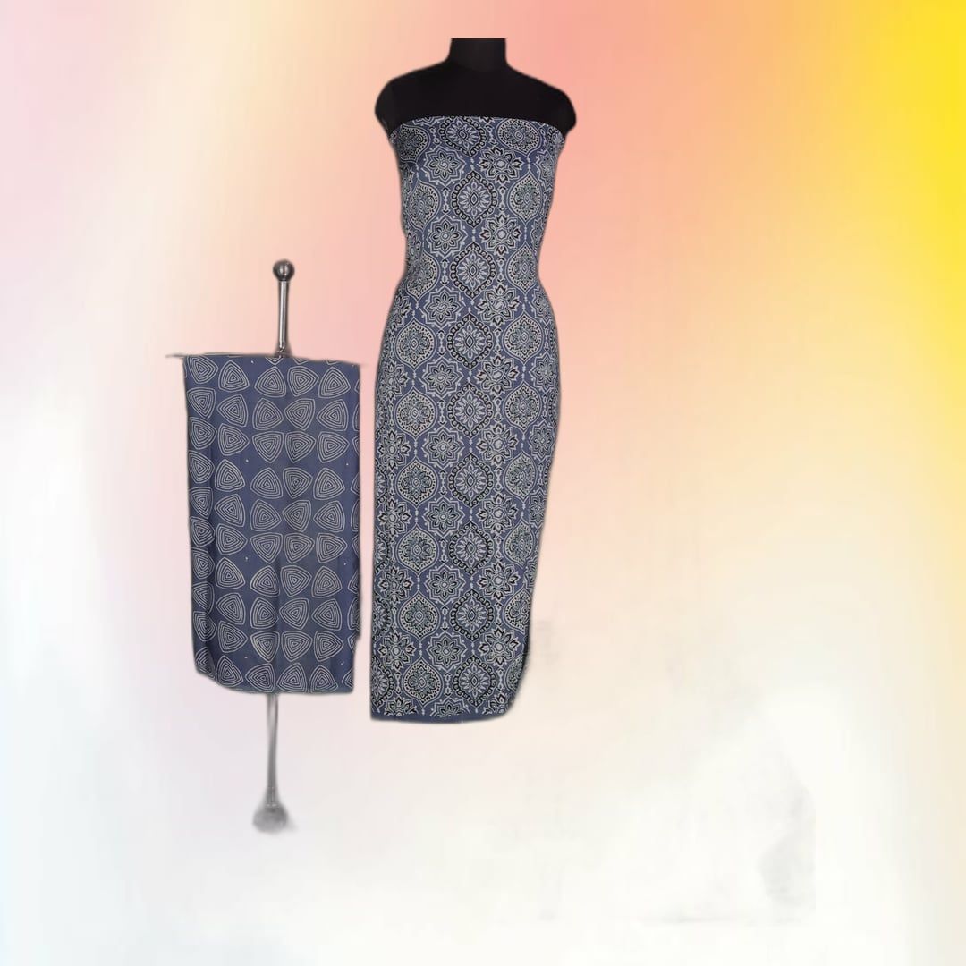 Blue Ethnic Motif Unstitched Dress Material | Printed Fabric | Ethnic Casual