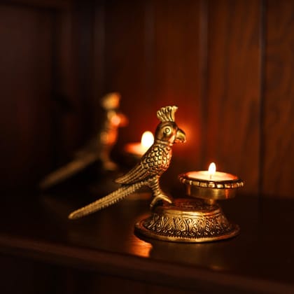 Golden Parrot Tealight Holders | Handcrafted Decorative Candle Holders for Home & Festive Decor | Set of 2-Gold
