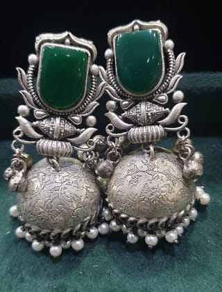 Silver Replica Jhumkas Brassbase with Handwork