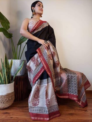 JAIPUR HANDBLOCK PRINT Exclusive collection of handblock printed pure chanderi silk sarees with blouse piece.