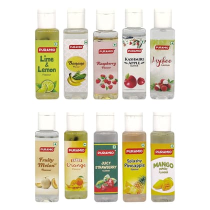 Puramio Concentrated Fruit Flavours (Lime & Lemon, Mango Magic, Splashy Pineapple, Juicy Strawberry, Tangy Orange, Melon, Lychee, Apple, Raspberry, Banana), 30 ml Each - Pack of 10