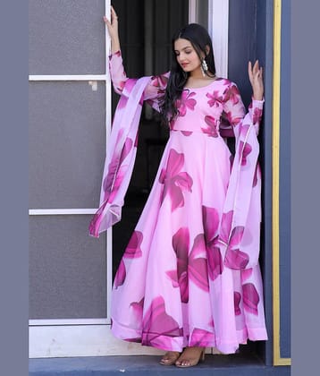 Femvy Pack of 1 Cotton Blend Printed Anarkali Women's Kurti with Dupatta - ( Pink )