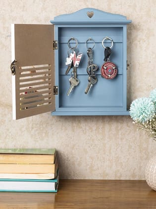 Blue & White Wood House Shaped Key Box Organiser