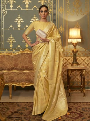 Yellow Satin Floral Zari Weaving Saree
