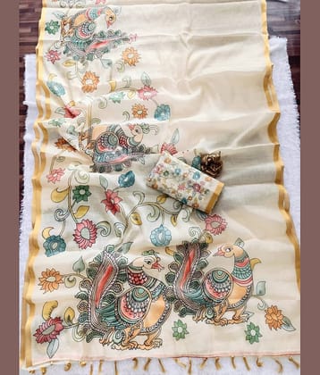 Kalpana Creation Linen Printed Regular Saree With Unstitched Blouse Piece ( Multicolor )