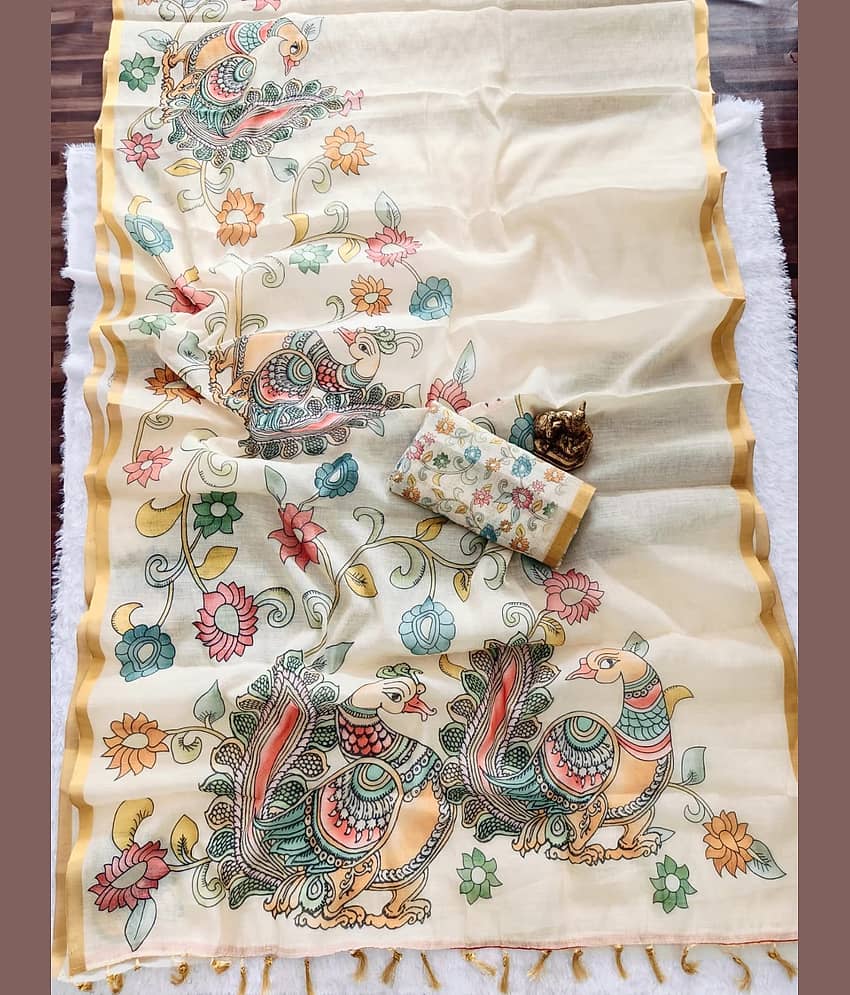 Kalpana Creation Linen Printed Regular Saree With Unstitched Blouse Piece ( Multicolor )