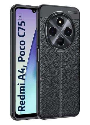 Vegan Leather Rugged Flexible TPU Series Shockproof Armor Back Cover for POCO M7 5G, Redmi 14C 5G, Redmi A4 5G, POCO C75 5G, 6.88 inch, Black