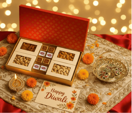 Ghasitaram's Gift Hamper 800gm For Diwali, Dry Fruits + assorted dryfruit and chana Bites + Card + Pujathali