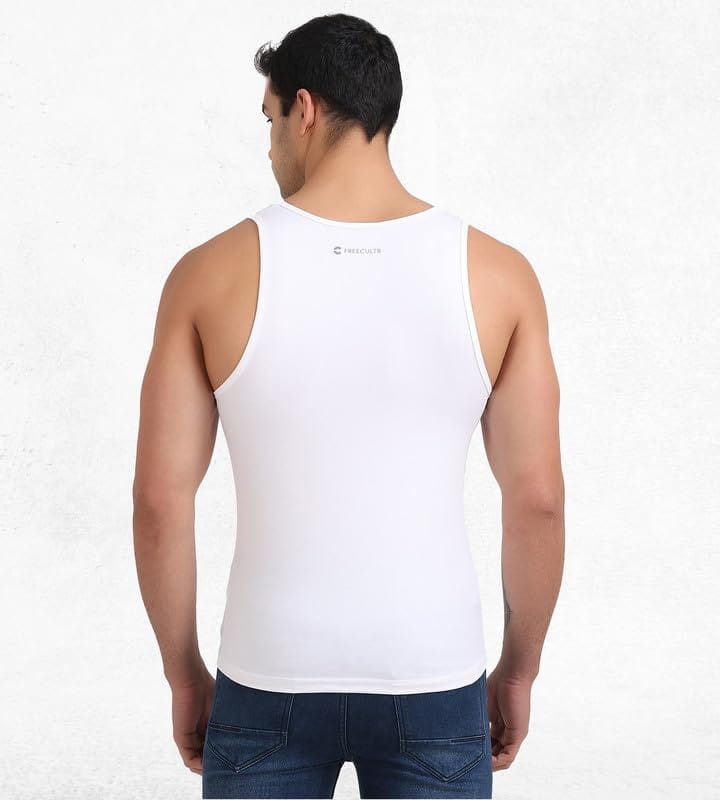 Freecultr Cotton Vest for Men Sleeveless Lightweight Solid Round Neck Comfort Vests Breathable & Comfortable Innerwear Sando for Man Regular Fit Pack of 1-White