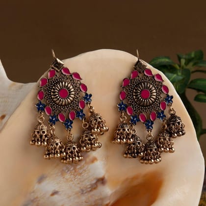 Gold Plated Floral Enamel Design Antique Jhumki Earring- AER