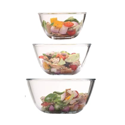 Femora Borosilicate Glass Microwave Safe All-Purpose Mixing Bowl, 400 ML, 2100 ML, 3600 ML, Set of 3 (Transparent)