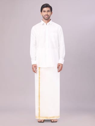 Men's Art Silk Off White Full Sleeves Shirt with 70k Gold Jari Border Dhoti Combo Finesse-36 / F/S / Half White