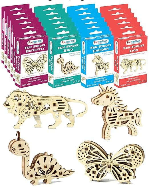 Funvention Birthday Return Gifts Pack of 24 Toys Fun Fidgets Jungle (3 x 4 DIY Miniature Mechanical Models Lion, Butterfly, Unicorn & Dino) Party Pack Return Favors for Kids Art & Craft STEM Learning