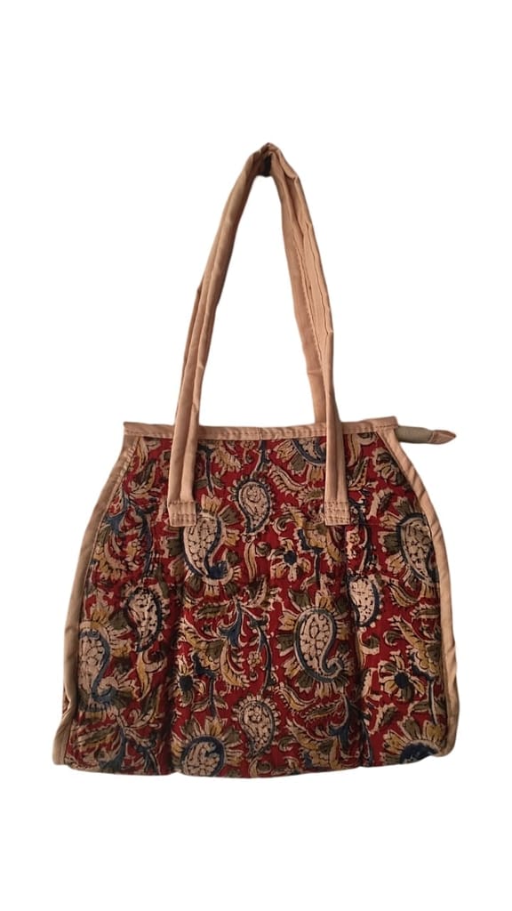 KALANKARI  Handcrafted Red and Blue Paisley Print Cotton Tote Bag with Zipper Closure and Double Handles