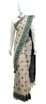 Saura Art Cotton Saree Cream Green Dancing Figure Buti