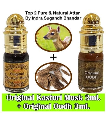 INDRA SUGANDH Attar Oudh Wood Attar 3 ml. & INDRA SUGANDH Attar Pure Kasturi 3ml. Rollons Pack of 2
