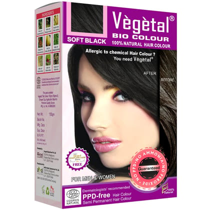 Vegetal Bio Hair Colour Soft Black | 150g | Achieve Natural, Ammonia-Free Hair Color | PPD-Free, 100% Herbal Certified Organic for Men and Women | UV Protection and Luster Maintenance | Complete Kit Vegetal Bio Hair Colour Soft Black | 150g | Achieve Nat