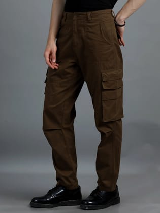 Men Cotton Relaxed Fit Cargo Trousers, Dark Khaki-30