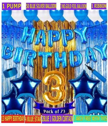 KR Solid Third /3rd happy birthday combo/kit material for party decorations with Happy Birthday Blue foil balloon (Set of 73) Letter Balloon