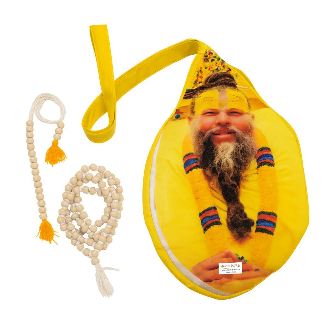MAYAPURI Pure Cotton Premanand Maharaj Ji Printed Japa Mala Bag with Zip Pocket | Chanting Bag/Beads Bag/Jhola Bag with Sakshi Mala Counter (Yellow)
