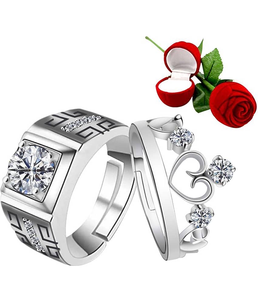 Silver Plated Adjustable Couple Rings Set for lovers Ring with 1 Piece Red Rose Gift Box  for Men and Women