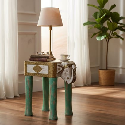 BAANMATA INTERNATIONAL Handicraft Distressed Coffee Table,Brass Embossed Wooden Cocktail Table,Home Decors Lamp-Table,Showpiece Elephant-Table