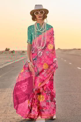 Pink Printed Tussar Silk Saree