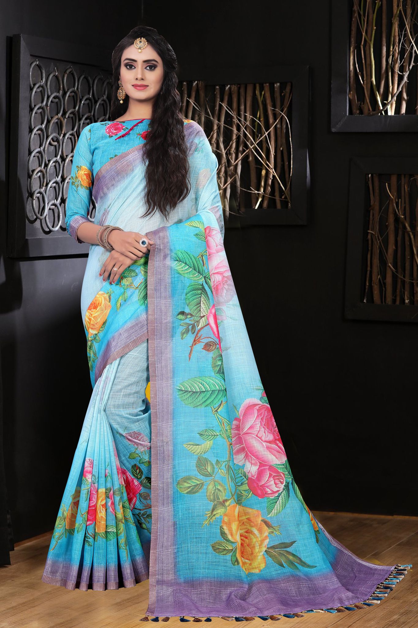 Pure Linen Sky Blue Flower Digital Printed Sari MS-1178
