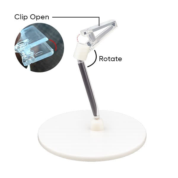 Adjustable Rotating Clip Display Stand for Retail, Office & Event Signage - Clear Plastic