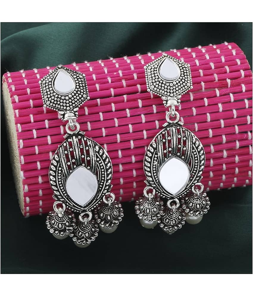 Silver Shine Classic Silver Geometric Pearl  Mirror Earrings