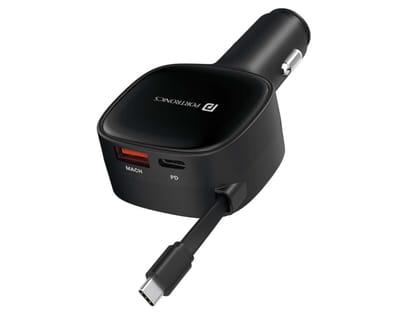 Portronics Car Power Retracto 84W Total Output, 18W USB Type-A, 33W Type-C, 33W Retractable Type-C Cable