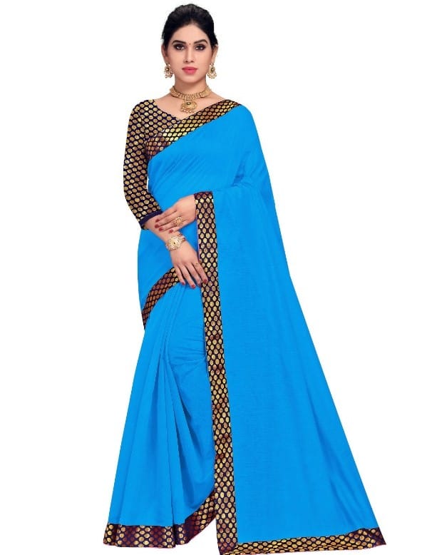 Generic Women's Chanderi Cotton Lace Border Saree With Blouse (Sky Blue, 5-6  Mtr)