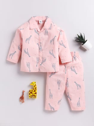 Pink Animal Print Full sleeve Night Suit-6-9 m