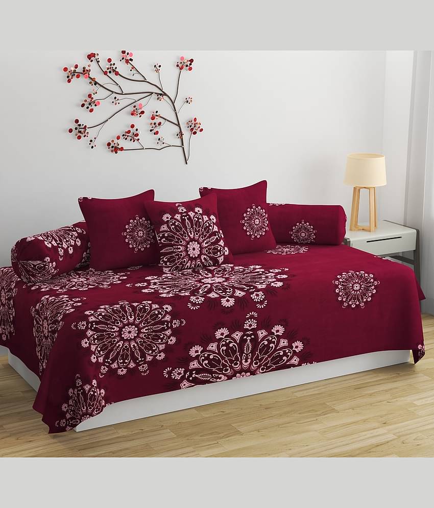 HIDECOR Microfibre Floral Diwan Set 6 Pcs - maroon