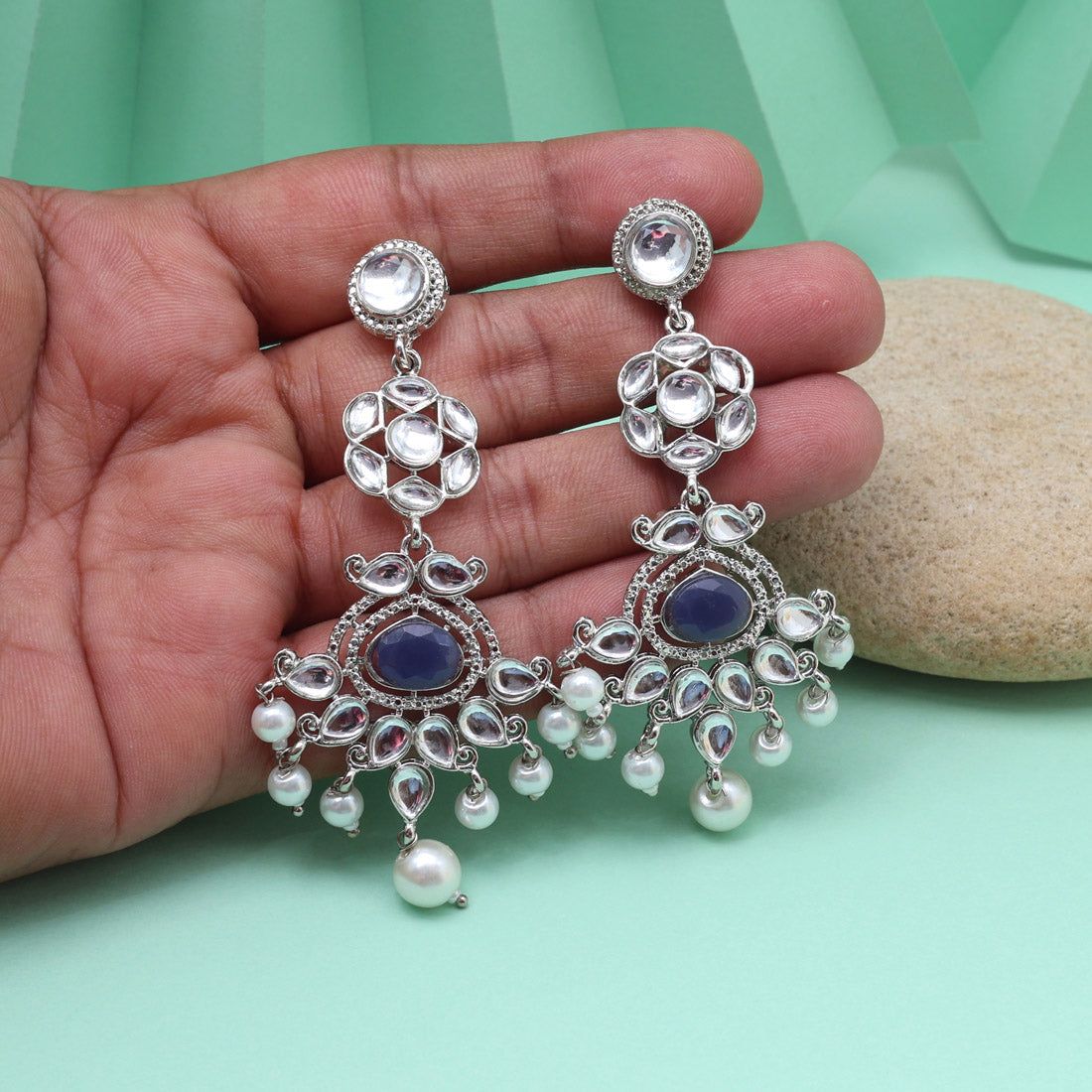 Blue Color Fashion Earrings Giving You A Cool And Contemporary Style-Earring Length: 7.50 CM x Width: 3.50 CM / Blue / Alloy With Good Quality Black Silver Plated