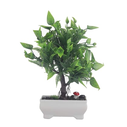 FOLIYAJ 3 Branched Bonsai Tree with Large Green Leaves and Flowers|Bonsai Tree|Artificial Flower|with Pot|Home Decor for Living Room Home Office Shop|House|Gift|Decoration