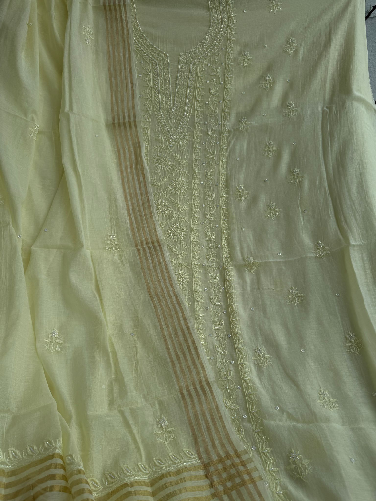 Mul Chanderi Chikankari Unstitched Length with Dupatta - Lemon Yellow-Lemon Yellow / Mul Chanderi / Pearl Work