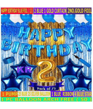 KR Solid Second/2nd happy birthday combo/kit material for party decorations Happy Birthday Blue Foil(13) 2 Blue Curtain,1 Gold Curtain 50 Blue Silver Balloon 2 No. Gold Foil Balloon 4 Blue Star  (Set of 73)