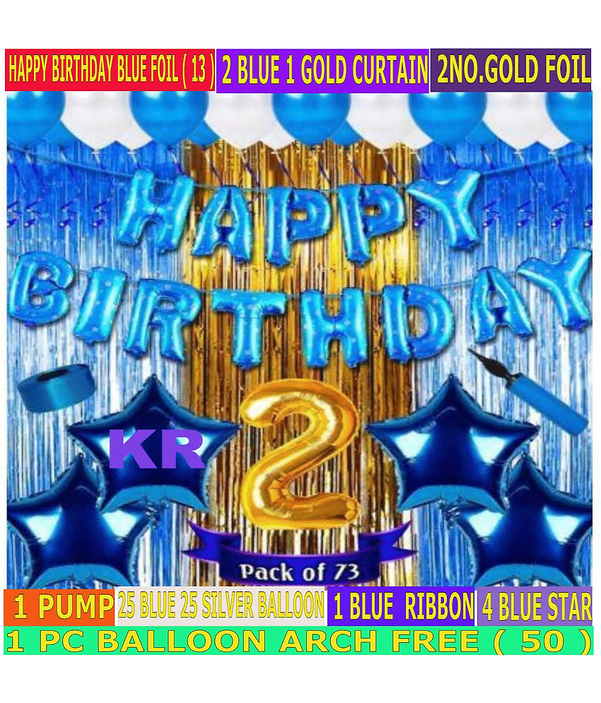KR Solid Second/2nd happy birthday combo/kit material for party decorations Happy Birthday Blue Foil(13) 2 Blue Curtain,1 Gold Curtain 50 Blue Silver Balloon 2 No. Gold Foil Balloon 4 Blue Star  (Set of 73)