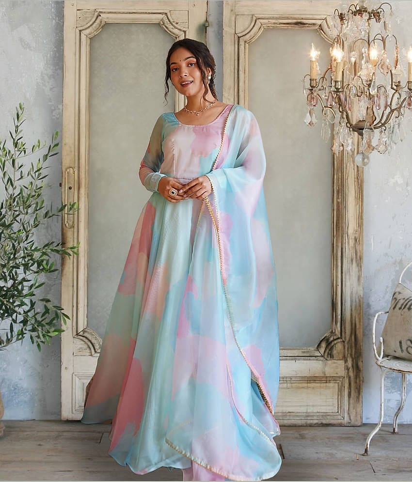 kedar fab Turquoise Anarkali Georgette Women's Stitched Ethnic Gown ( Pack of 1 )