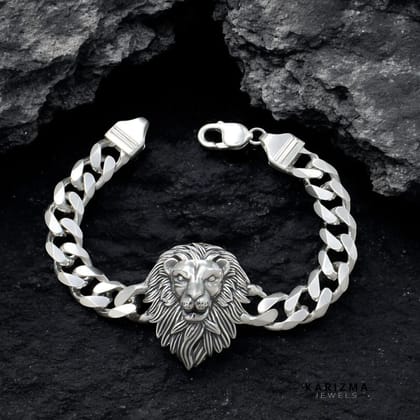 925 Sterling Silver Men's Lion Head Curb Chain Oxidized Bracelet 8"