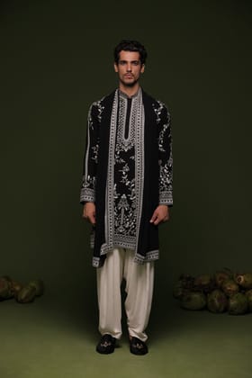 Aryaman Black Kurta set with patiyala and dupatta-XS/34