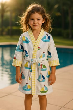 Handblock printed waffle cotton bathrobe for kids - 4-13 years old-4-8 years