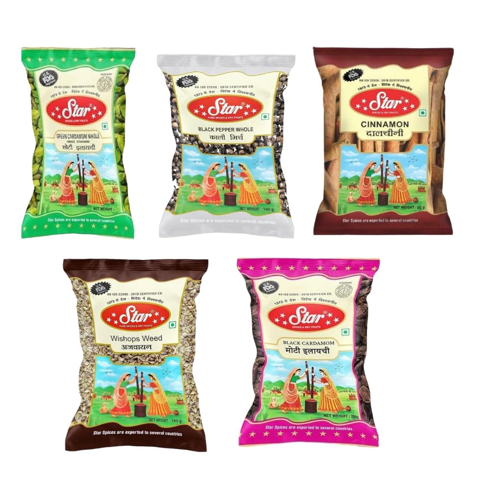 Star Spices Ajwain 100 gm, Black Pepper Whole 100 gm, Cinamon 50 gm, Badi 50 gm and Choti Elaichi 50 gm - Pack of 5